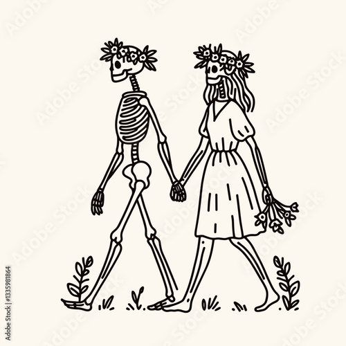 Skeleton couple wear flower crown walking hand in hand a minimalist monochrome doodle graphic