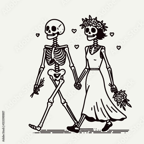 Skeleton couple wear flower crown walking hand in hand a minimalist monochrome vector graphic illustrating love's enduring embrace.