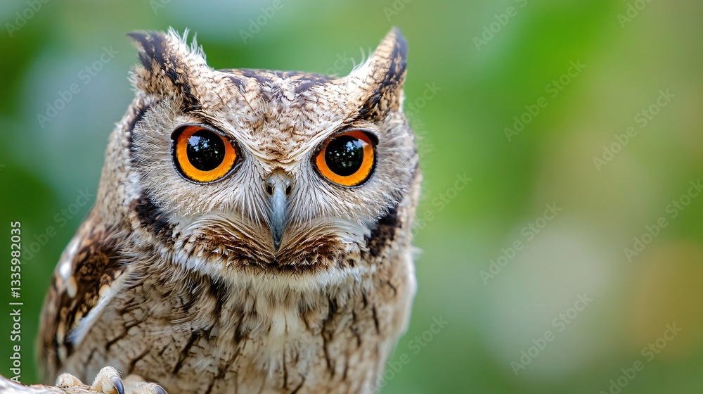 Obraz premium Alert owl perched outdoors, detailed feathers and large expressive eyes, showcasing nature's wildlife and vibrant greenery.