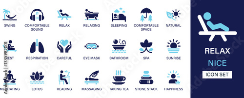 Relax icon set collection. Swing, comfortable sound, relaxing, sleeping, natural, rest, respiration, careful, eye mask, bathroom, spa and best solid icon set.