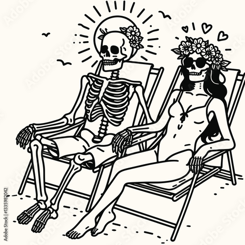 Skeleton couple wear flower crown sunbathing minimalist vector drawing a romantic gothic summer scene