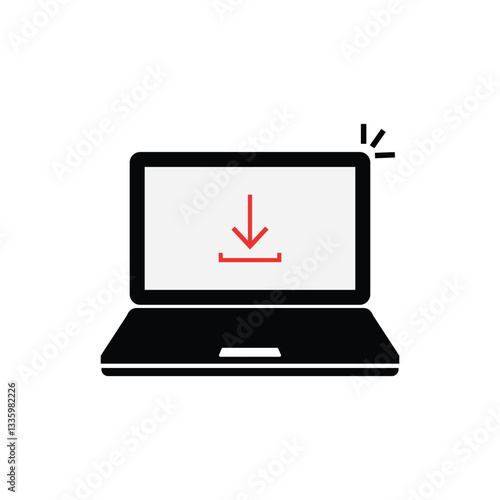 download arrow in red laptop on white. concept of software updating or loading and torrent upload status. cartoon minimal flat style trend modern simple logotype graphic design element