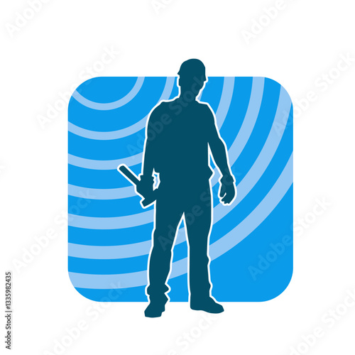 Silhouette of a worker carrying hammer tool. Silhouette of a worker in action pose using hammer tool.