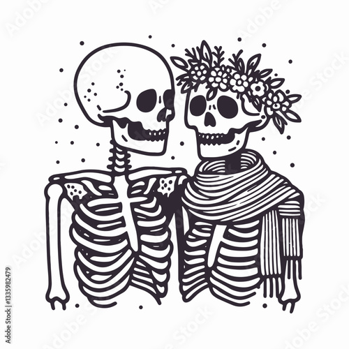 Skeleton couple wear flower crown sharing a big scarf in winter a minimalist vector drawing of bone chilling love
