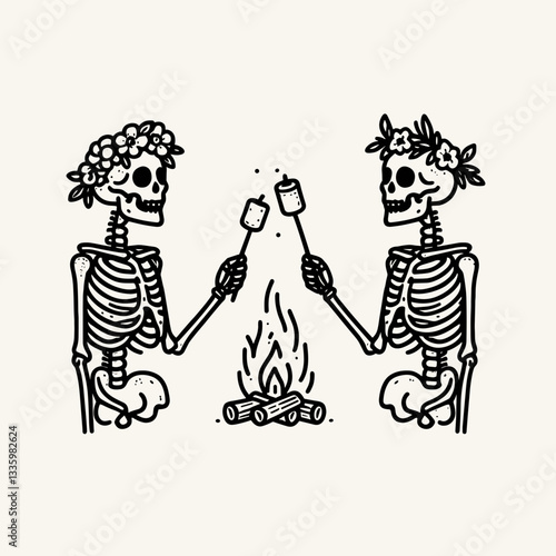 Skeleton couple wear flower crown roasting marshmallows minimalist vector graphic near a spooky campfire under a starry night sky