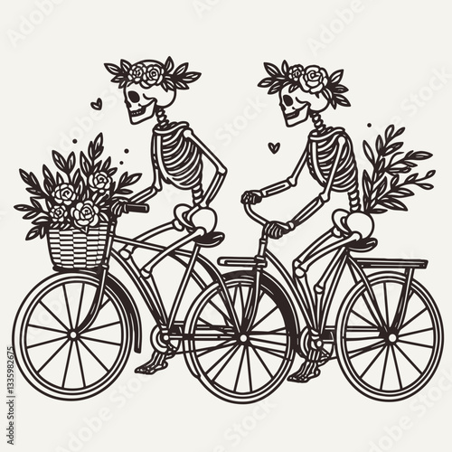 Skeleton couple wear flower crown riding a bicycle together minimalist graphic depicting a whimsical afterlife journey.