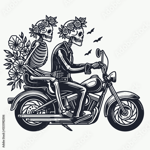 Skeleton couple wear flower crown ride cruiser motorcycle minimalist vector graphic down a sun-drenched highway