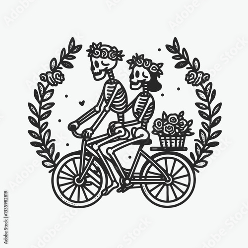 Skeleton couple wear flower crown ride bikecycle minimalist vector graphic showcasing whimsical death and romance.