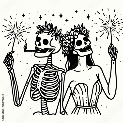 Skeleton couple wear flower crown playing with sparklers minimalist vector illustration a whimsical autumnal dance.