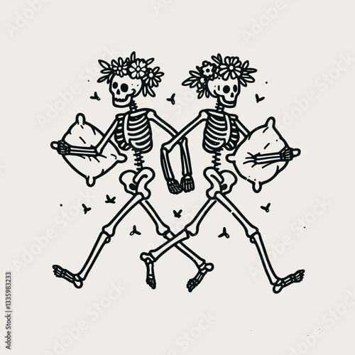 Skeleton couple wear flower crown playful pillow fight minimalist vector graphic a whimsical bone-rattling battle of blossoms