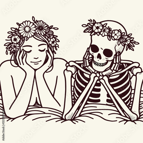 Skeleton couple wear flower crown lying down on stomach hands under chin minimalist vector graphic depicting peaceful afterlife rest