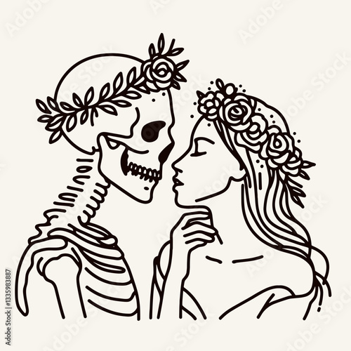 Skeleton couple wear flower crown intimate forehead kiss minimalist vector drawing depicting a loving, spectral embrace.