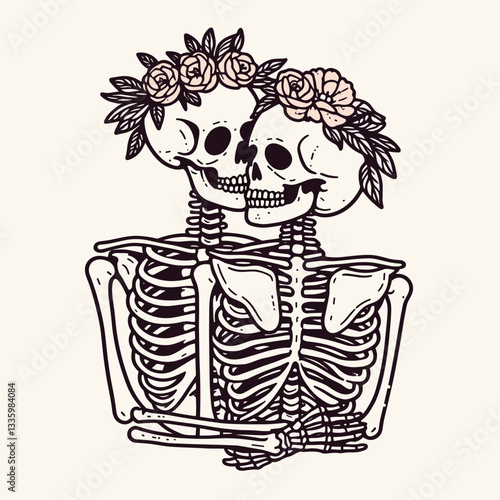 Skeleton couple wear flower crown hugging from behind a minimalist monochrome vector drawing shows love's enduring embrace.