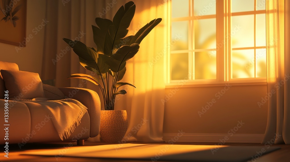 Modern Room with Decorative Plant and Soft Ambient Light