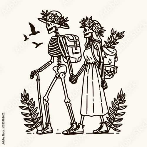 Skeleton couple wear flower crown hiking a mountain trail minimalist vector illustration