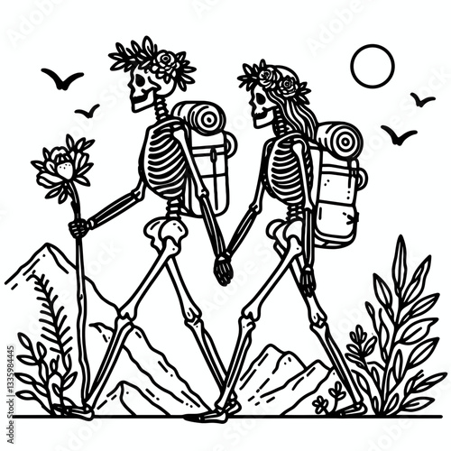 Skeleton couple wear flower crown hiking a scenic mountain trail, minimalist vector graphic.