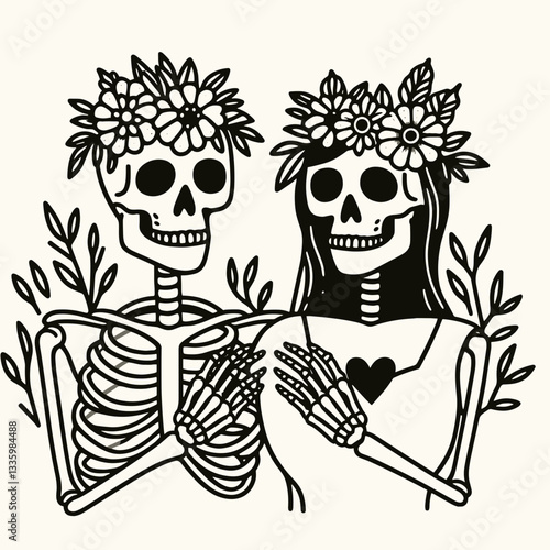 Skeleton couple wear flower crown Heart Hands Gesture minimalist silhouette drawing a loving gothic romance