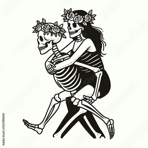 Skeleton couple wear flower crown giving a piggyback ride minimalist vector illustration depicting love in the afterlife