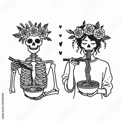 Skeleton couple wear flower crown eat ramen minimalist vector graphic showing a spooky yet sweet date