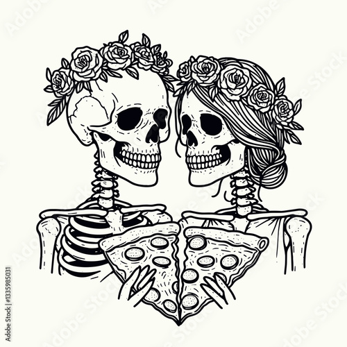 Skeleton couple wear flower crowns eating pizza a minimalist monochrome vector graphic