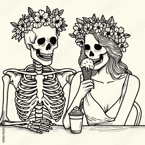 Skeleton couple wear flower crown eat ice cream; a minimalist doodle graphic depicts their sweet summer day.