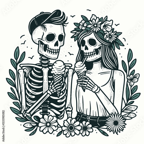 Skeleton couple wear flower crown eat ice cream; create a minimalist vector drawing of this whimsical scene.
