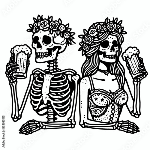 Skeleton couple wear flower crown drink beer merrily a minimalist vector outline drawing