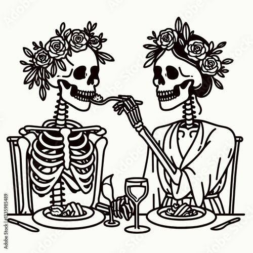 Skeleton couple wear flower crown dinner feeding each other minimalist graphic illustrating a romantic gothic feast