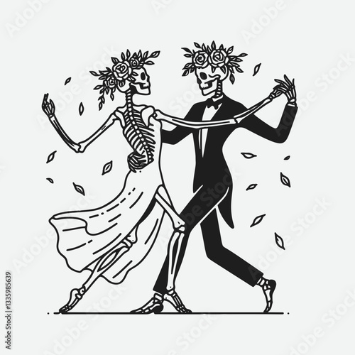 Skeleton couple wear flower crown dancing tango a minimalist monochrome vector graphic illustrating a ghostly waltz