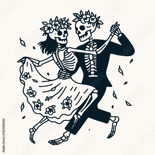 Skeleton couple wear flower crown dancing tango minimalist vector graphic a ghostly waltz of love.