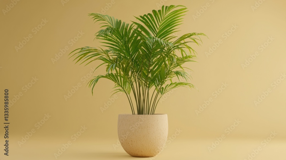 Fototapeta premium A lush green palm plant in a beige pot.