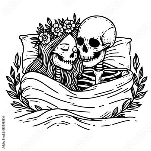 Skeleton couple wear flower crown cuddling under a blanket a minimalist monochrome vector drawing of sweet love.
