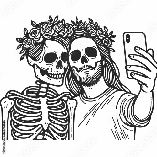 Skeleton couple wear flower crown couple selfie minimalist vector graphic showcasing spooky romance.