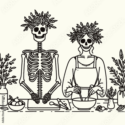 Skeleton couple wear flower crown cooking together a minimalist vector drawing of spooky romantic autumnal cuisine