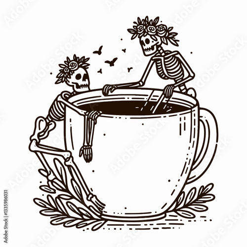 Skeleton couple wear flower crown climbing out of giant coffee mug a minimalist vector drawing of love blooming from unexpected places