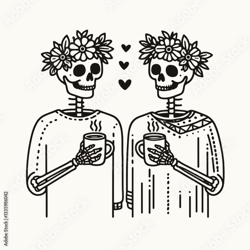 Skeleton couple wear flower crown clinking glasses with hot chocolate create a simple minimalist vector outline drawing
