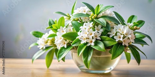White Daphne odora bush flowers in a vase with lush green leaves and stems surrounded by soft natural light, daphne odora, fragrant blooms