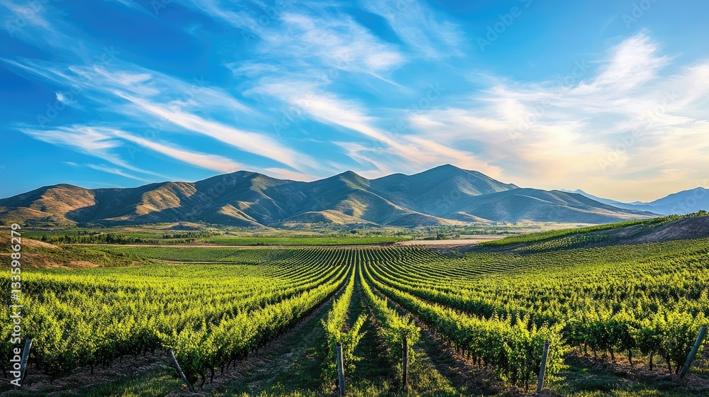 Fototapeta premium Green vineyard landscape with mountains and a clear blue sky