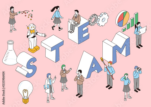 STEAM教育の文字とこどもの未来教育をイメージするアイソメトリック構図のイラスト
