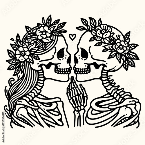 Skeleton couple wear flower crown blowing kisses to each other a minimalist graphic design showing affection.
