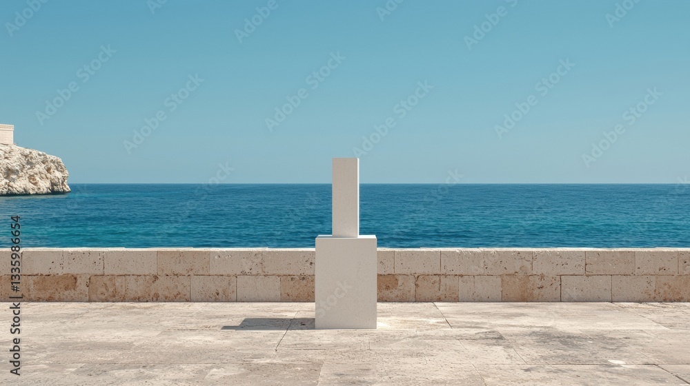 Fototapeta premium A white stone pillar stands on a stone platform overlooking the ocean.