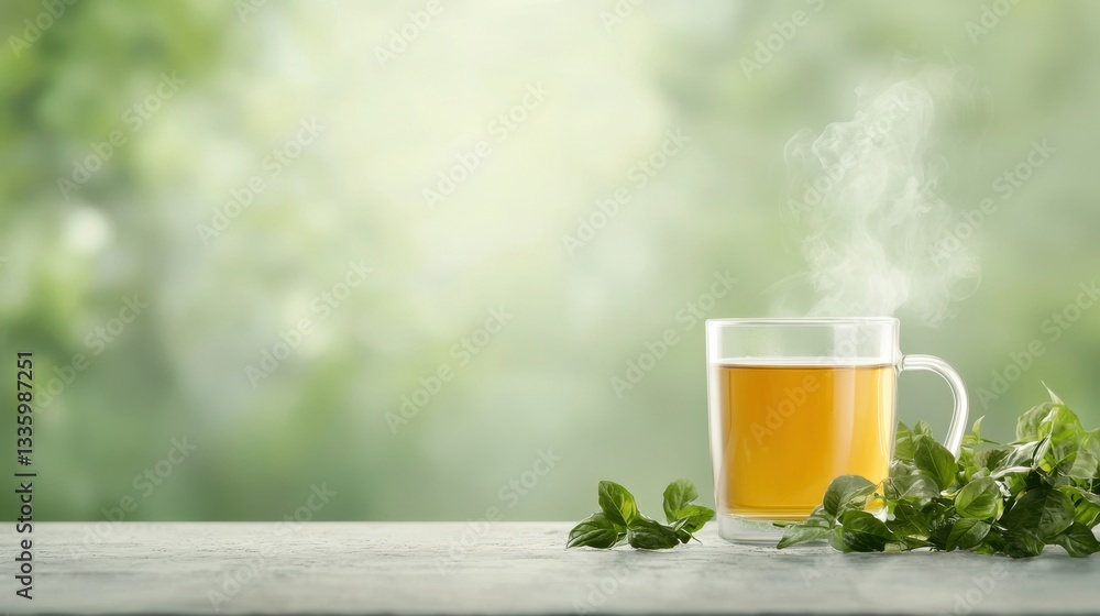 A glass of tea with steam rising from it, accompanied by a bunch of fresh mint leaves. A glass of tea with steam rising from it, accompanied by a bunch of fresh mint leaves.
