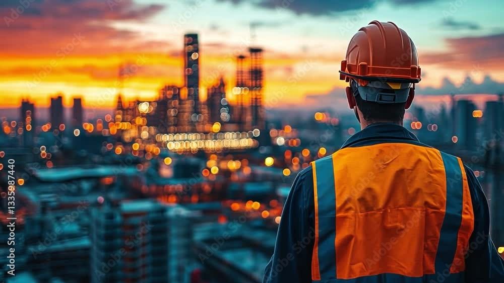 A Vision of the City: An engineer contemplates a cityscape at dusk, gazing out over the city skyline, his figure silhouetted against a fiery, captivating sunset A Vision of the City: An engineer contemplates a cityscape at dusk, gazing out over the city skyline, his figure silhouetted against a fiery, captivating sunset
