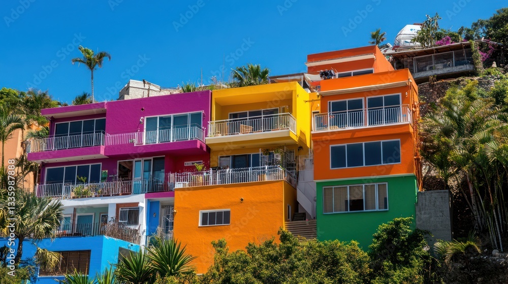 Obraz premium Colorful hillside houses under a bright blue sky.