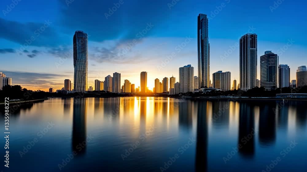 Stunning skyline at sunset reflecting on calm water, showcasing modern architecture and beauty. Stunning skyline at sunset reflecting on calm water, showcasing modern architecture and beauty.