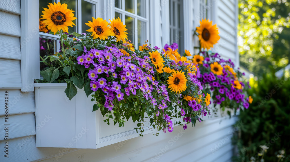 Fototapeta premium A white window box filled with purple, yellow, and orange flowers on the side of an off-white house