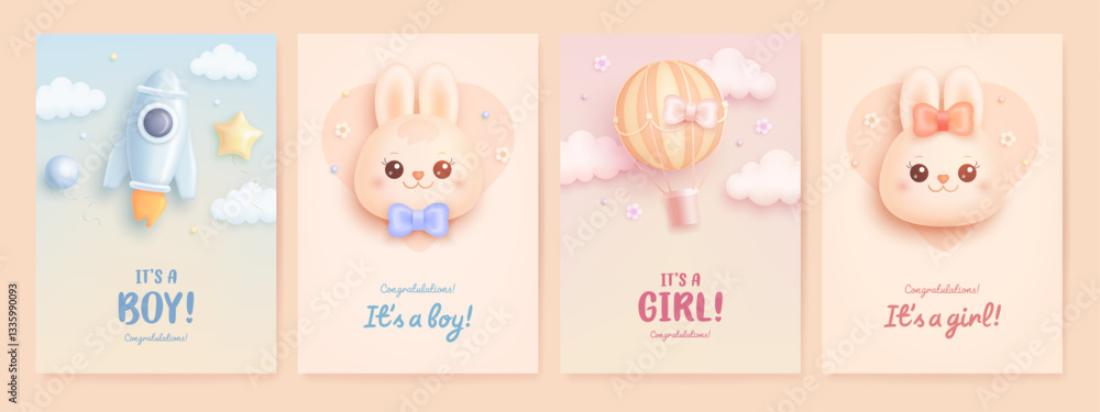 Baby shower invitation design template with 3d cartoon bunny, rocket and hot air balloon. It's a girl. It's a boy. Baby girl and baby boy greeting card. Vector illustration Baby shower invitation design template with 3d cartoon bunny, rocket and hot air balloon. It's a girl. It's a boy. Baby girl and baby boy greeting card. Vector illustration