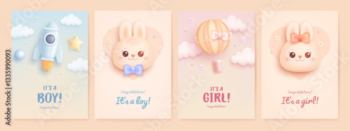 Baby shower invitation design template with 3d cartoon bunny, rocket and hot air balloon. It's a girl. It's a boy. Baby girl and baby boy greeting card. Vector illustration