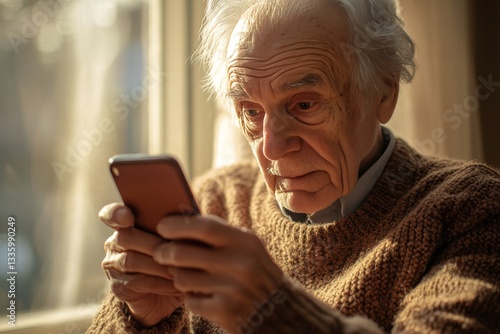 Lifestyle photo of a silver-haired old man sitting in front of a sunny window, checking his smartphone carefully with a confused yet determined look.