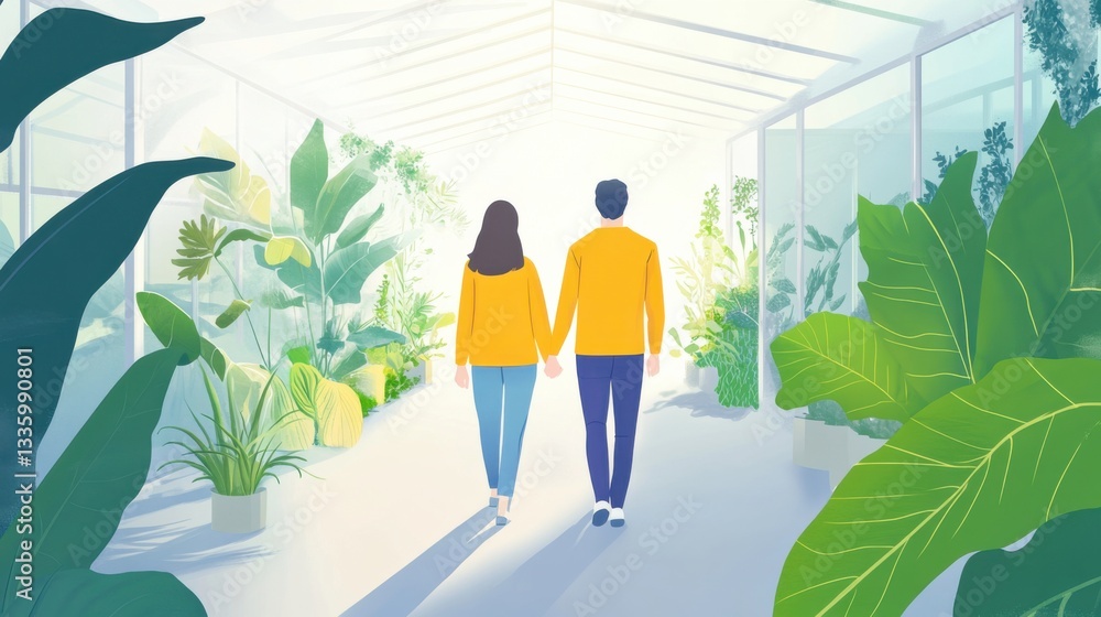 Couple Walking Hand in Hand Through Lush Plant-filled Pathway